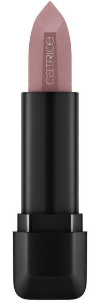 Ein Lippenstift in schwarzem Gehäuse mit hellrosa Farbton und Markenname 'Catrice'.