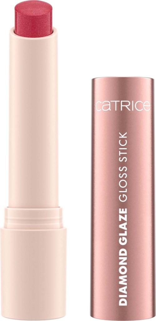 Valkoinen ja vaaleanpunainen huulipuna ja kiiltävä vaaleanpunainen kansi, jossa lukee "DIAMOND GLAZE GLOSS STICK" ja brändin nimi "CATRICE."