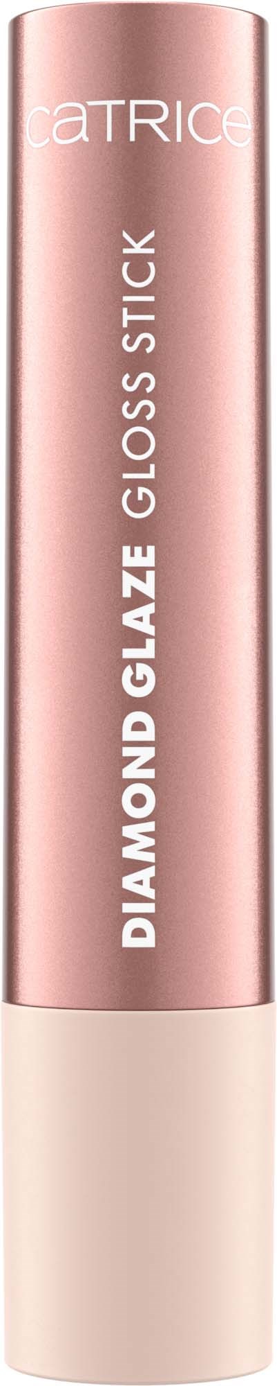Vaaleanpunainen kiiltojuttu, jossa valkoinen korkki, teksti 'Catrice Diamond Glaze Gloss Stick'.