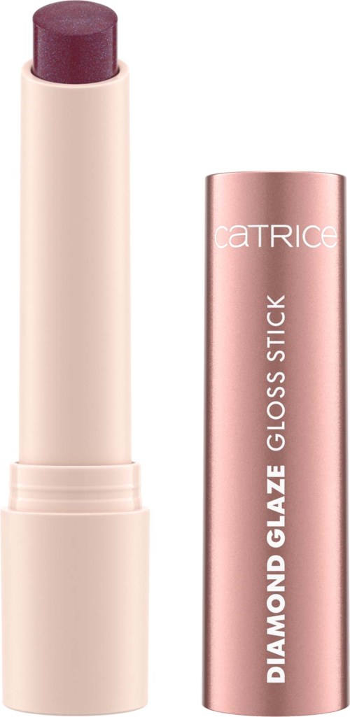 Lippumainen, jossa violetti sävy ja ruusukullan värinen kotelo, jossa lukee 'Catrice Diamond Glaze Gloss Stick'.