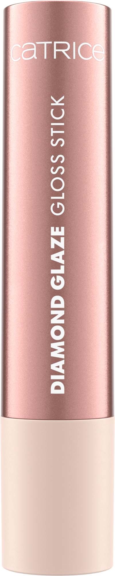 Väriä lipstick-putki, jossa lukee 'Diamond Glaze' ja 'Gloss Stick' Catrice-merkkinen. Yksinkertainen muotoilu, seisoo pystysuorassa.