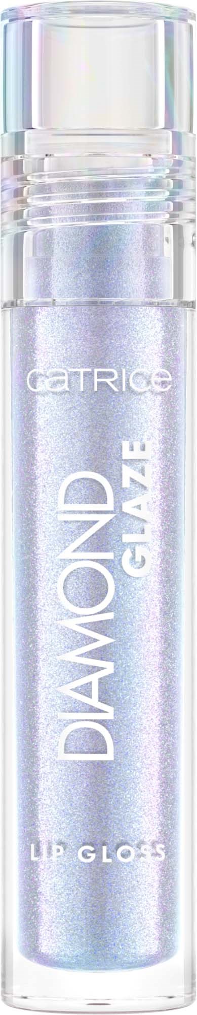 En klar, cylindrisk läppglansrör med glänsande, iriserande innehåll och märkning som säger 'Diamond Glaze' och 'Lip Gloss.'