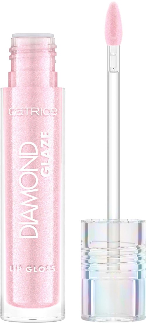 En rosa läppglansflaska med en klar applikator bredvid. På flaskan står det "DIAMOND GLAM" och "LIP GLOSS."