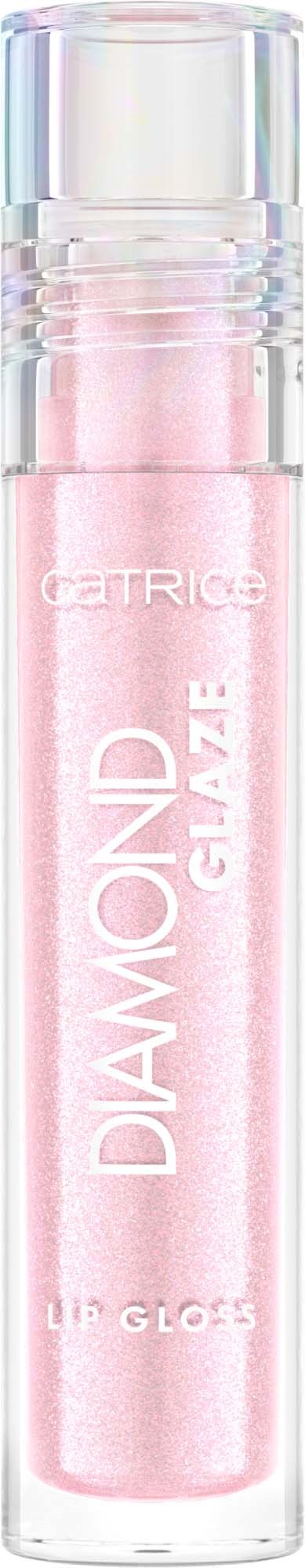En liten rosa tub med läppglans och genomskinlig skaft, märkt "Diamond GlaZer" och varumärke "Etricia."