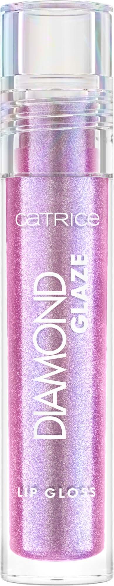 En liten tub med rosa glitterläppglans med genomskinlig lock, märkt 'Diamond Glaze' och 'Lip Gloss'.