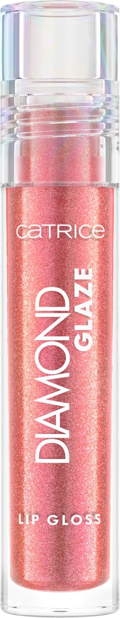Rosa läppglans i en tydlig tub med glänsande lock, märkt 'Diamond Glaze' av Catrice.