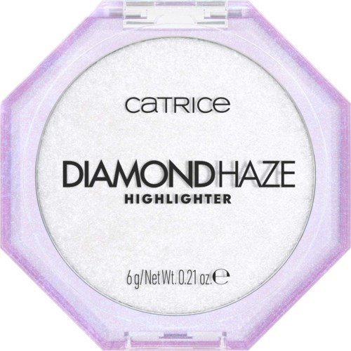 Een compacte container met een witte deksel, paarse randen en zwarte tekst voor Catrice Diamond Haze Highlighter.