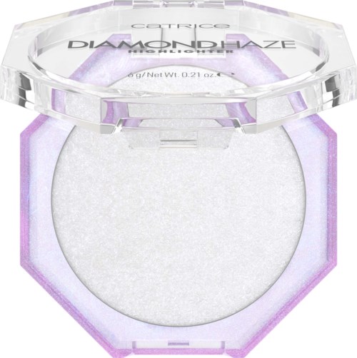 Een witte, ronde cosmetica-item met een doorzichtige deksel en paarse accenten, genaamd 'Catrice Diamond Desire.'