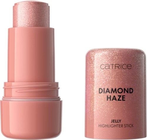 A pink lip balm stick and its cap with glitter, labeled Catrice Diamond Haze Jelly Highlighter Stick.