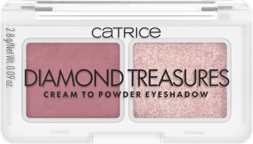 En liten makeuppalett med rosa rouge och glitterögonskugga. Märke 'Catrice' och produktlinje 'Diamond Treasures' visas.