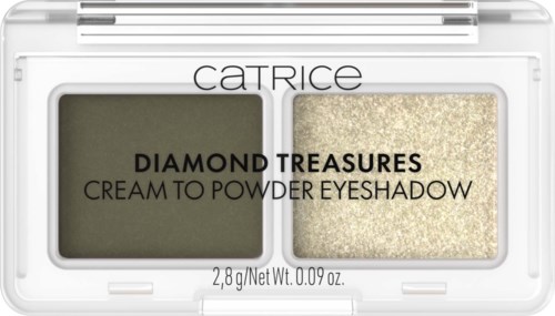 Catrice Diamond Treasures kräm till puderögonskugga med en grön nyans till vänster och guldskimmer till höger.