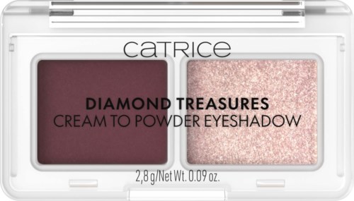 Catrice Diamond Treasures ögonskuggspalett med mörk lila och skimrande rosa sidor.