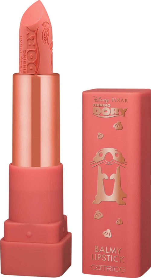 A pink lipstick with a 'Finding Dory' design from Disney, in a matching box with Dory character and pumpkin illustrations.