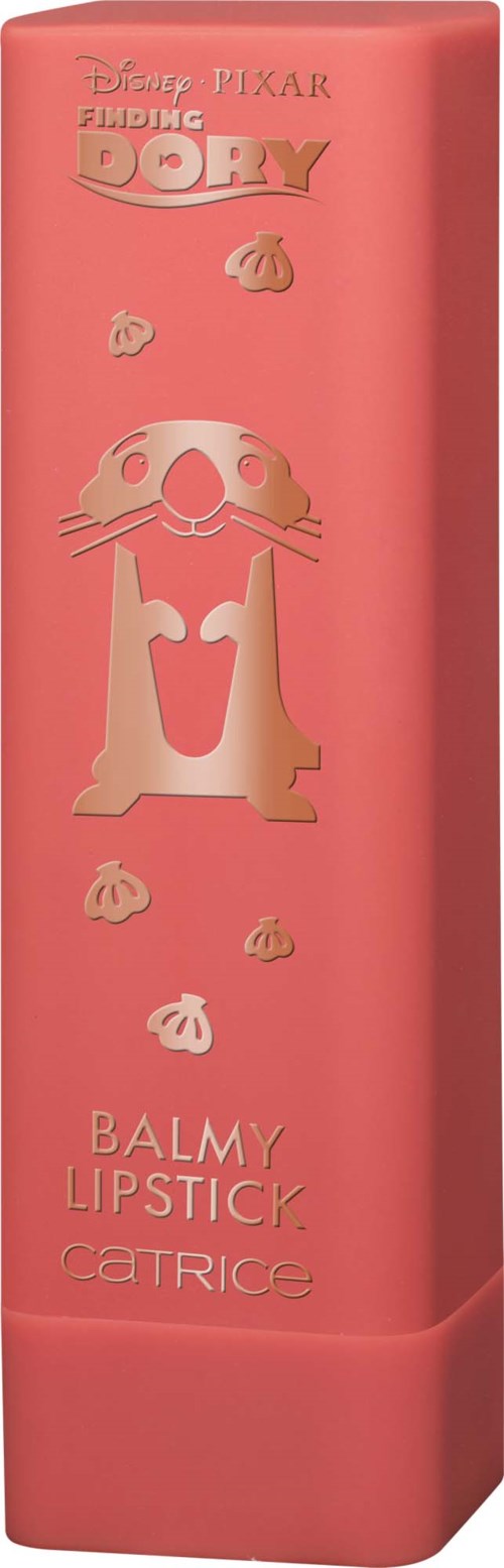 A pink lipstick case with a Dory character and small shells, inspired by Disney's Finding Dory.