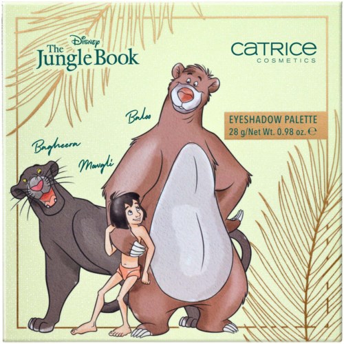 Illustration med karaktärerna Baloo, Bagheera och Mowgli från Djungelboken, som marknadsför Catrice makeup ögonskuggspalett.