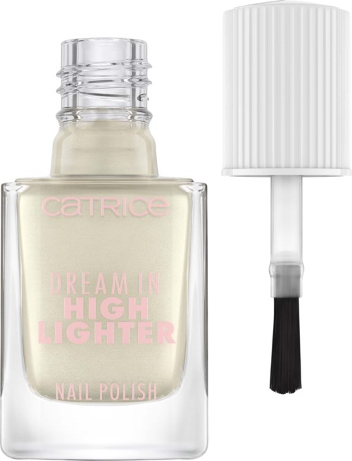 A nail polish bottle with a brush and white cap, labeled 'Dream in High Lighter'.