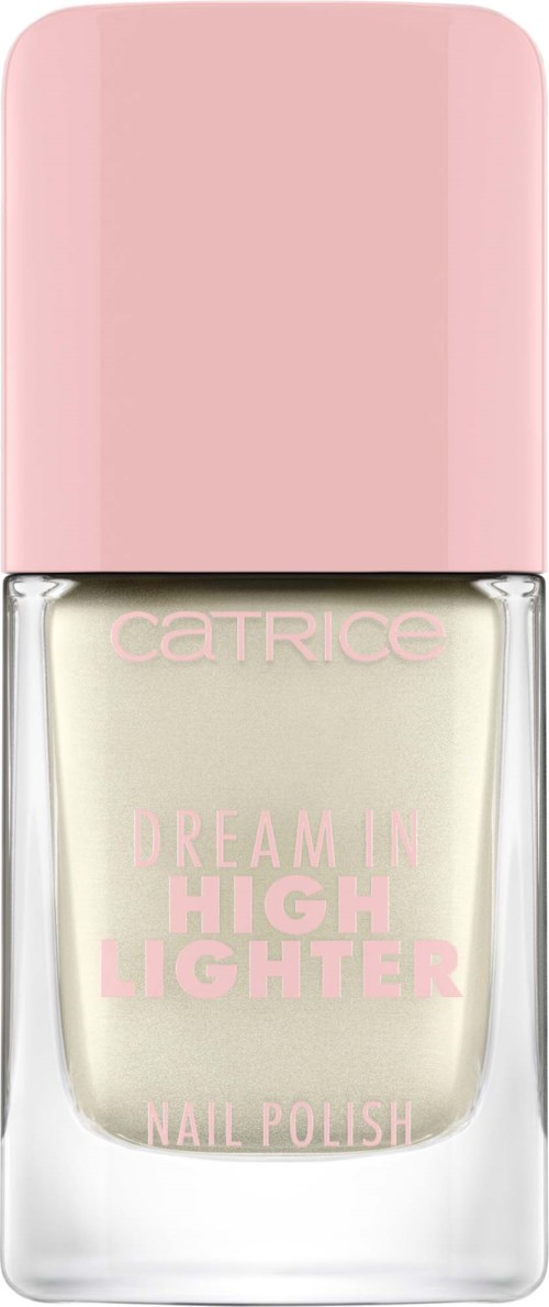 A bottle of nail polish with a pink cap and white polish, labeled 'Dream in High Lighter' by Catrice.