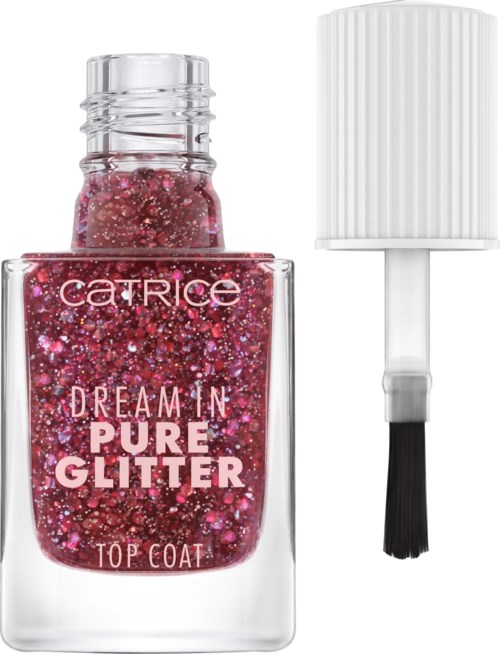 A bottle of pink glitter nail polish with a white cap and brush. The label says 'Dream In Pure Glitter' from Catrice.