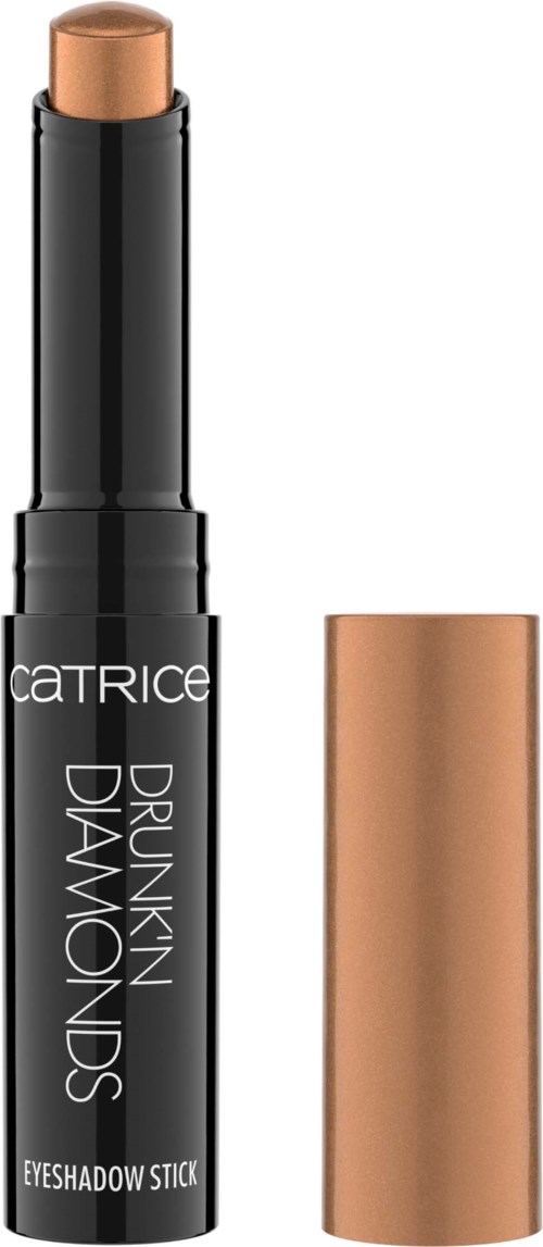 Mustan luomiväritussin kulttikorkki, merkinnällä 'Catrice Drunken Diamonds' ja 'Eyeshadow Stick.'