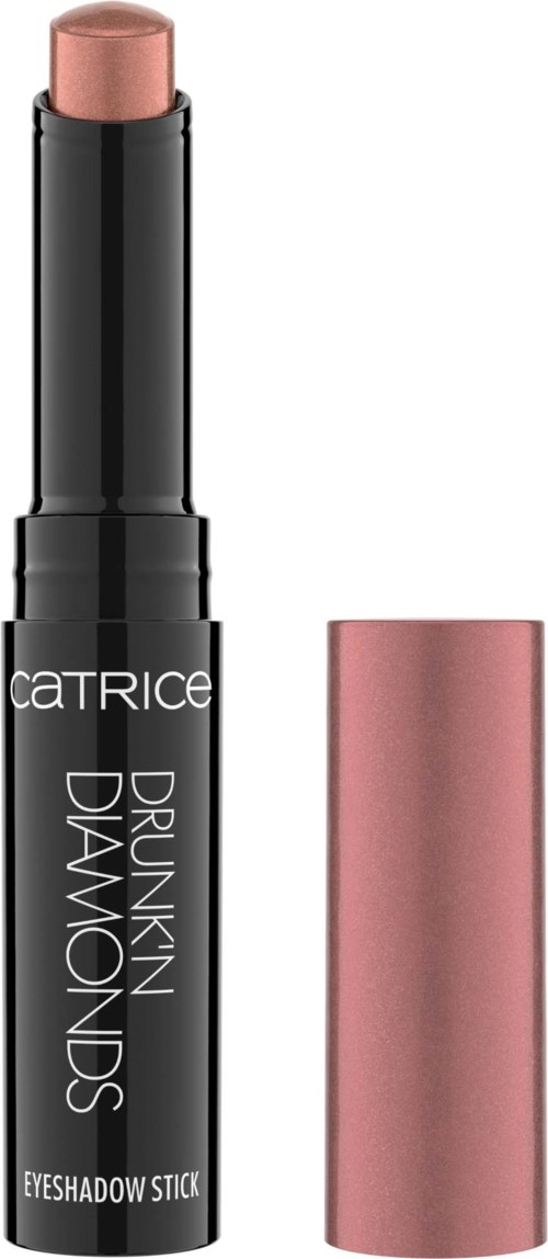 Mustavalkoinen kynä, jossa on vaaleanpunertava sävy, merkitty Catrice Drunken Diamonds Eyeshadow Stick, sivulla vaaleanpunainen korkki.