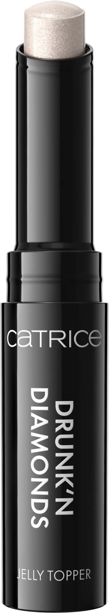 En svart stift med en lys fargetip, merket 'Catrice Drunk'n Diamonds Jelly Topper'.