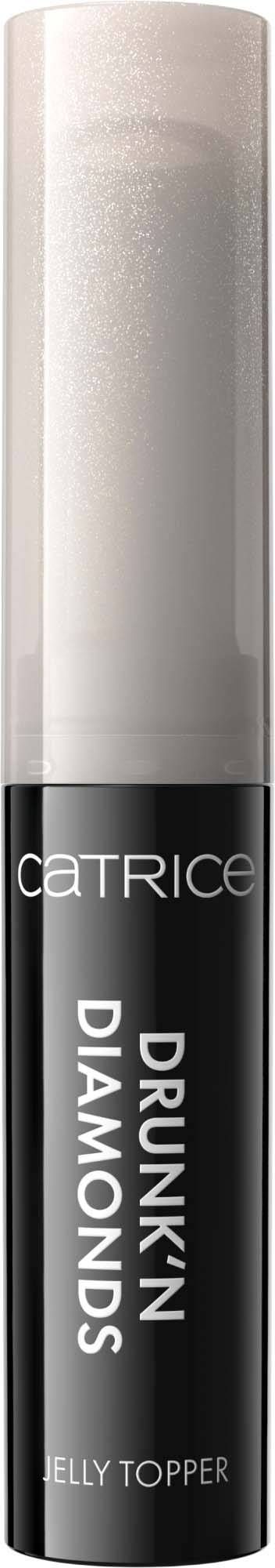 En svart og sølv lip gloss rør med ordene 'Catrice Drunk'n Diamonds Jelly Topper' skrevet på.