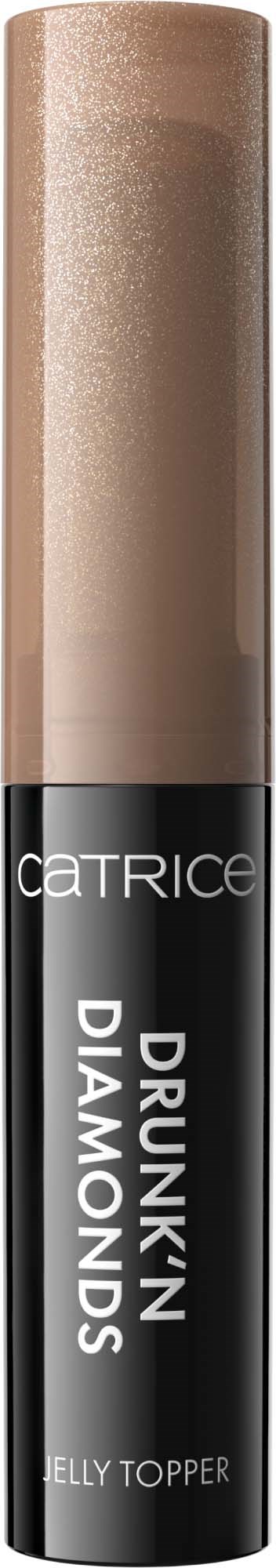 En svart makeup-stift merket "Catrice" med "Drunk'n Diamonds" og "Jelly Topper." Den øverste delen er glitrende beige.