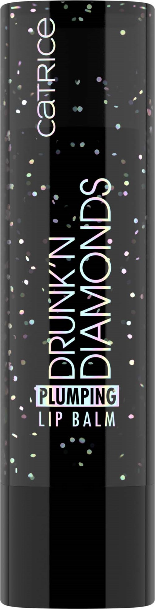 Svart läppbalsamrör med vit och pastellfärgad text och splashes, märkt 'Drunkin Diamonds Lip Balm' av Carrière.