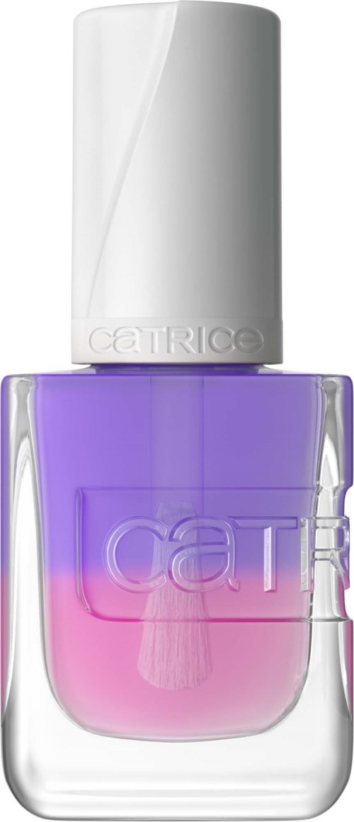 Nagellakfles met een verloop van paars en roze, metalen dop en Catrice-logo.
