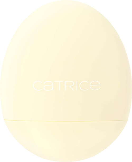 Crèmekleurige eivormige container met witte tekst 'CATRICE' in het midden.