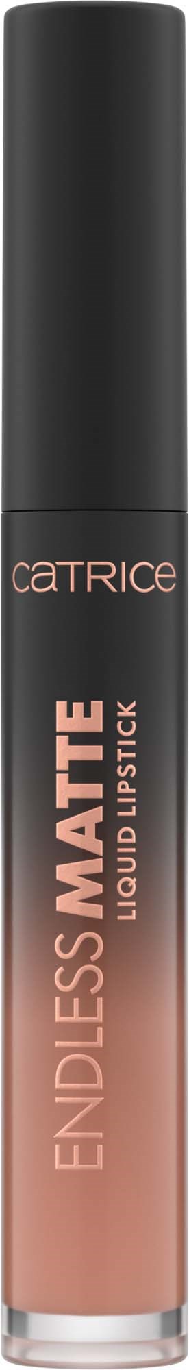 Een lange, cilindervormige lipglosshuls met een zwart deksel, gemerkt 'Catrice' en 'Endless Matte'.