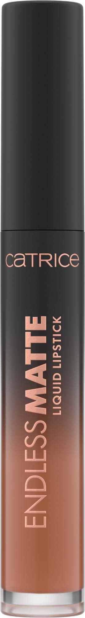 Een lipglosspuit met zwarte dop, gemerkt Catrice Endless Matte Liquid Lipstick in nude tint.