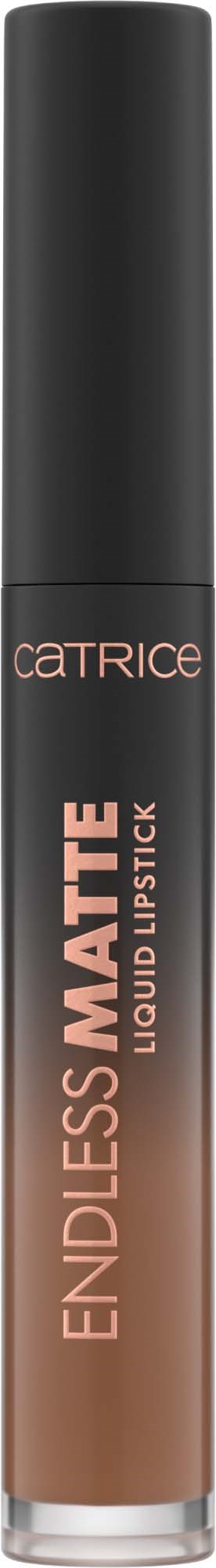 Een zwarte tube met een label dat CATRICE Endless Matte Liquid Lipstick in nude tint aangeeft.