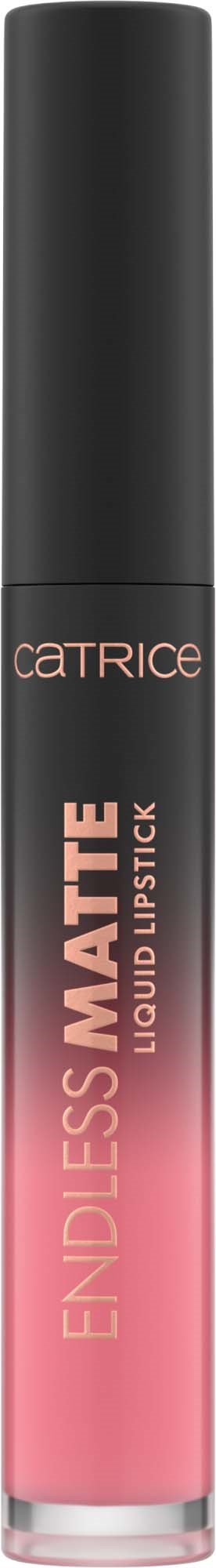 Lippenstiftverpakking met zwarte dop en body die van lichtroze naar donkerroze verloopt. Merknaam CATRICE en producttype geschreven.