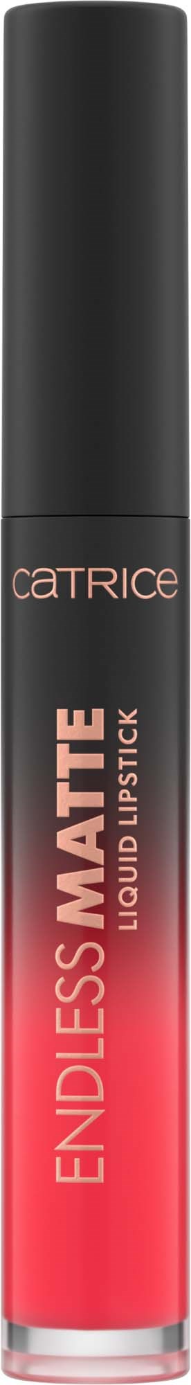 Een Catrice vloeibare lippenstift met zwarte dop en een rode gradiënt op het lichaam.