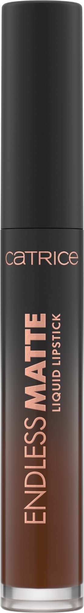 Een tube Catrice liquid lipstick genaamd Endlessly Matte, met zwarte dop, met bruin lippenstift binnen.