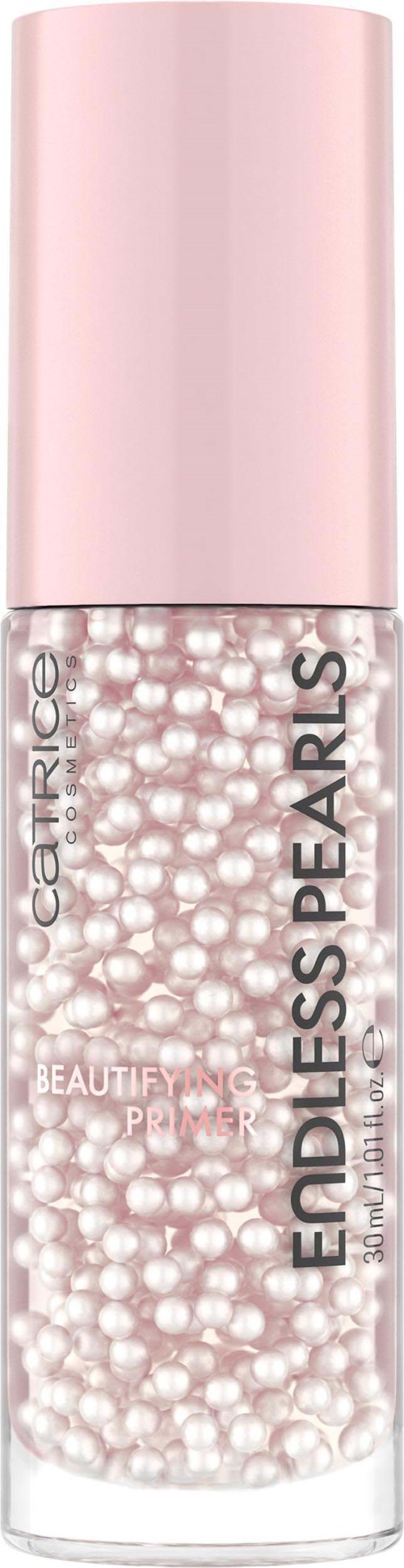 A small bottle with pink cap, filled with tiny white pearls, labeled 'Endless Pearls'.