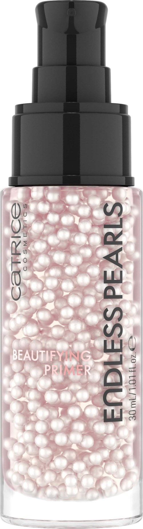 A bottle with pink and white pearls, labeled 'Endless Pearls' and 'Beautifying Power,' with a pump top.
