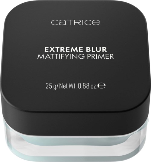 En svart kvadratisk beholder med tekst for Catrice Extreme Blur Mattifying Primer på toppen.