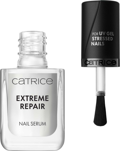 Eine klare Nagelserumflasche mit der Aufschrift "Extreme Repair" neben einem schwarzen Gel-Nagelüberlack mit Pinsel.