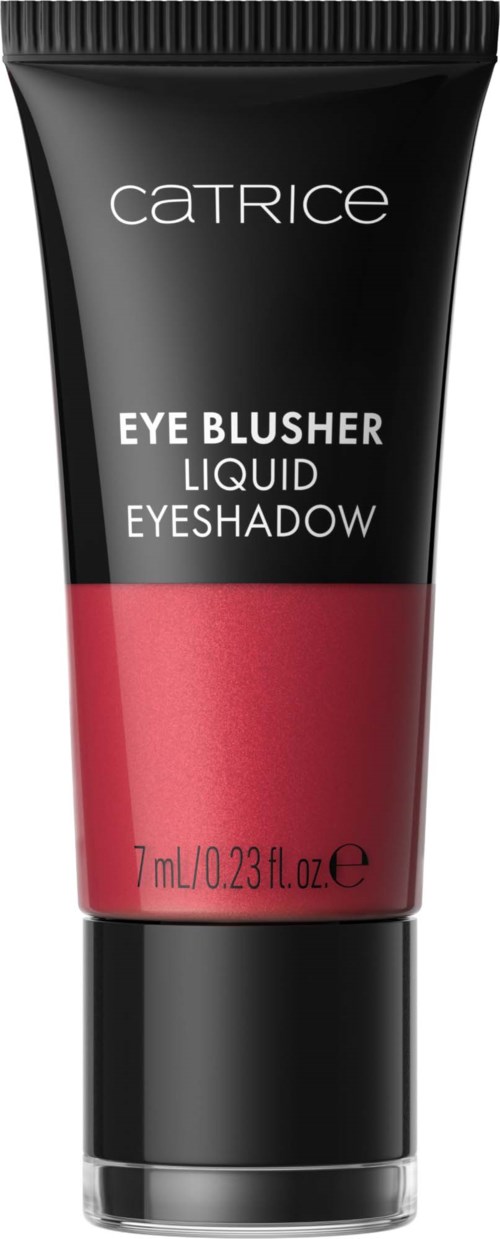 Rote flüssige Lidschatten in einer schwarzen Tube mit schwarzem Deckel und weißem Text, beschriftet Catrice Eye Blusher Liquid Eyeshadow.