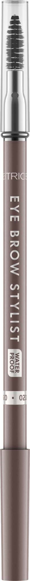 A pencil-shaped makeup brush with a clear lid, gray handle, and black bristles, labeled 'EYE BROW STYLIST'.
