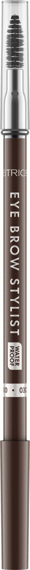 A slim eyebrow pencil with a spoolie brush on one end and a brown color label.