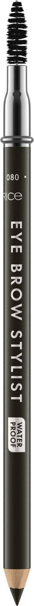 A black eyebrow pencil with a spoolie brush on one end and a pointed tip on the other.
