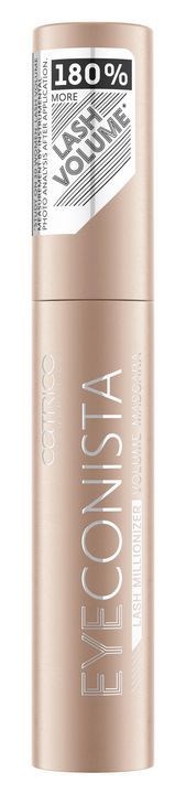 Ein beiges Mascara-Röhrchen mit weißen Text und einem Etikett, das 180 % mehr Wimpernvolumen hervorhebt.
