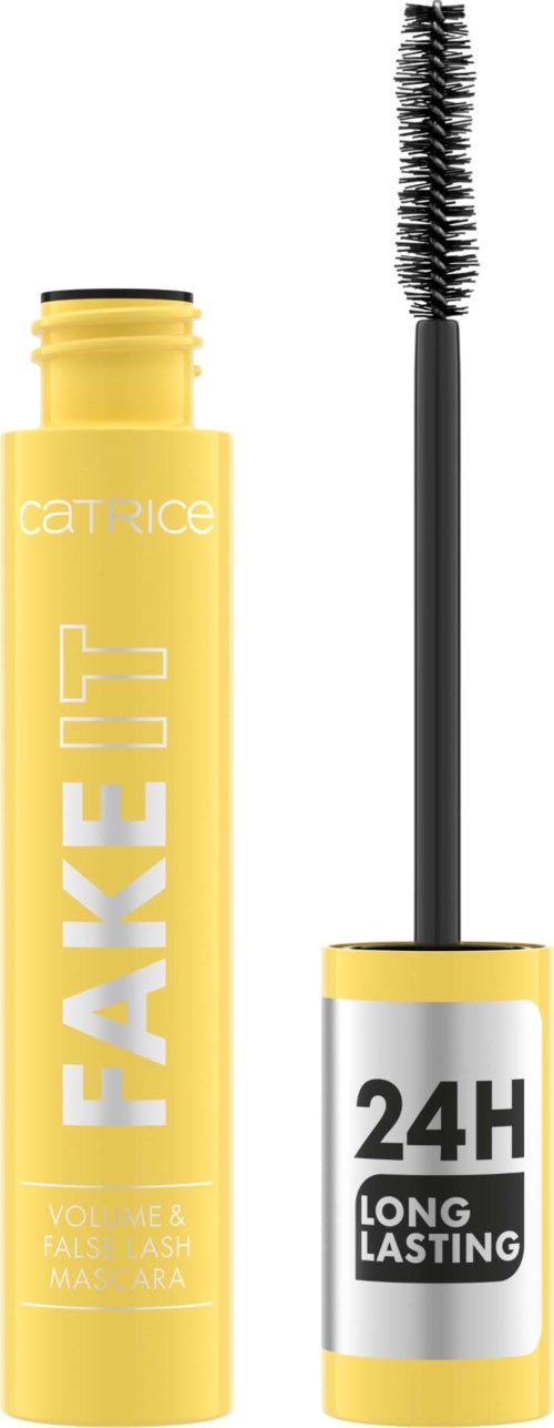 Yellow mascara tube with black and white labels, and a brush wand. It says 'FAKE IT' and '24H LONG LASTING' on the tube.