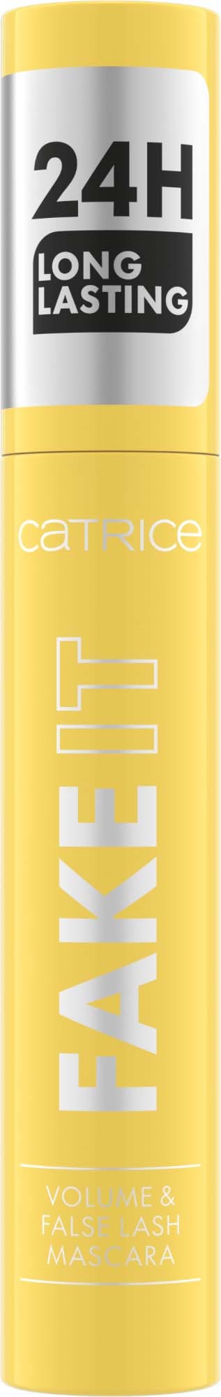 A yellow cylindrical tube of Catrice Fake It mascara with 24H long-lasting claim.