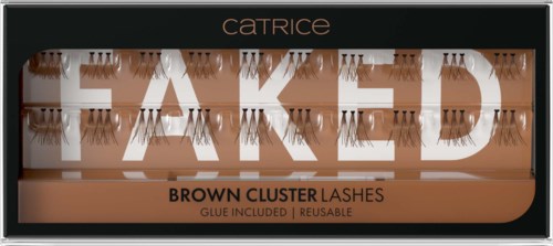 Catrice-Logo und Text auf einer Make-up-Verpackung für braune Cluster-Wimpern mit enthaltenem Kleber.