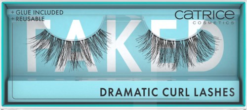 Twee sets dramatische, pluizige zwarte valse wimpers in een blauw doosje, gemerkt "Dramatic Curl Lashes," door Catrice.