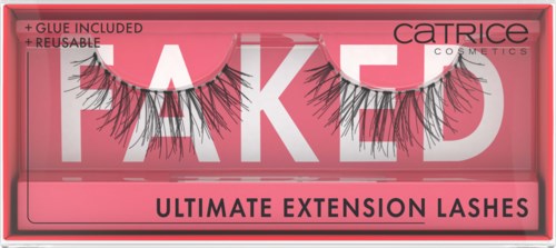 Falsche Wimpern in einer rosa Schachtel, bezeichnet als ultimate extension lashes, mit Angaben zu Kleber und Wiederverwendbarkeit.